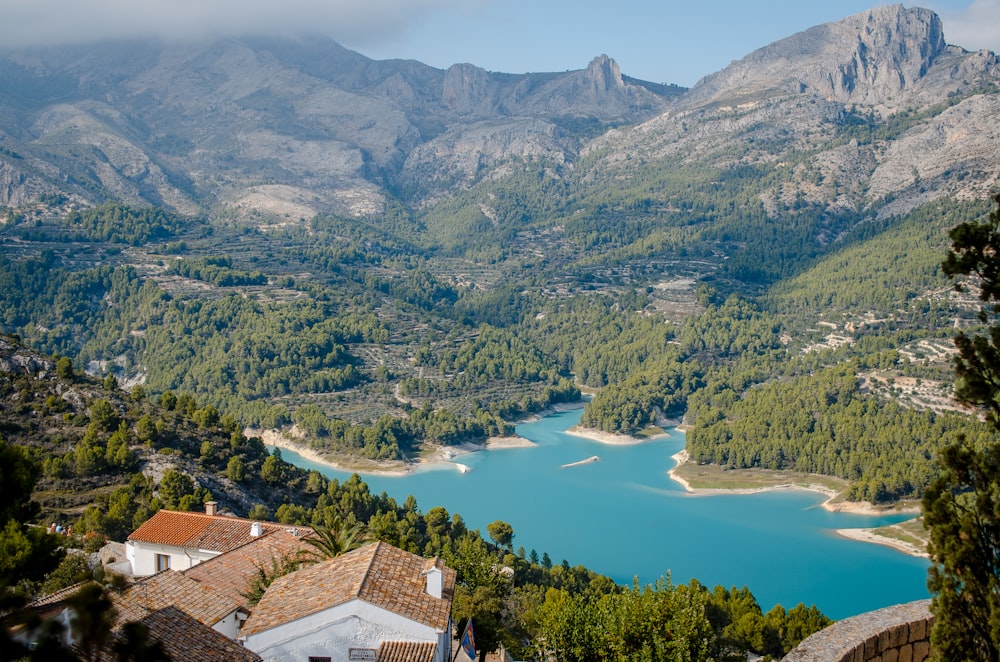 a scenic view of a lake surrounded by mountains