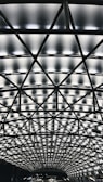A geometric ceiling structure featuring a network of crisscrossing beams with illuminated panels. The design creates a modern and sophisticated look, emphasizing symmetry and architectural innovation.