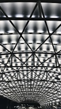 A geometric ceiling structure featuring a network of crisscrossing beams with illuminated panels. The design creates a modern and sophisticated look, emphasizing symmetry and architectural innovation.
