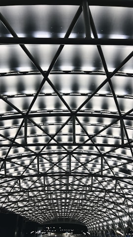 A geometric ceiling structure featuring a network of crisscrossing beams with illuminated panels. The design creates a modern and sophisticated look, emphasizing symmetry and architectural innovation.