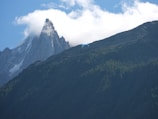 A striking mountain peak rises dramatically, partly shrouded by clouds, with a paragliding individual soaring in the clear blue sky. The foreground features a dense forest covering the hillside, contributing to the sense of adventure and natural beauty.
