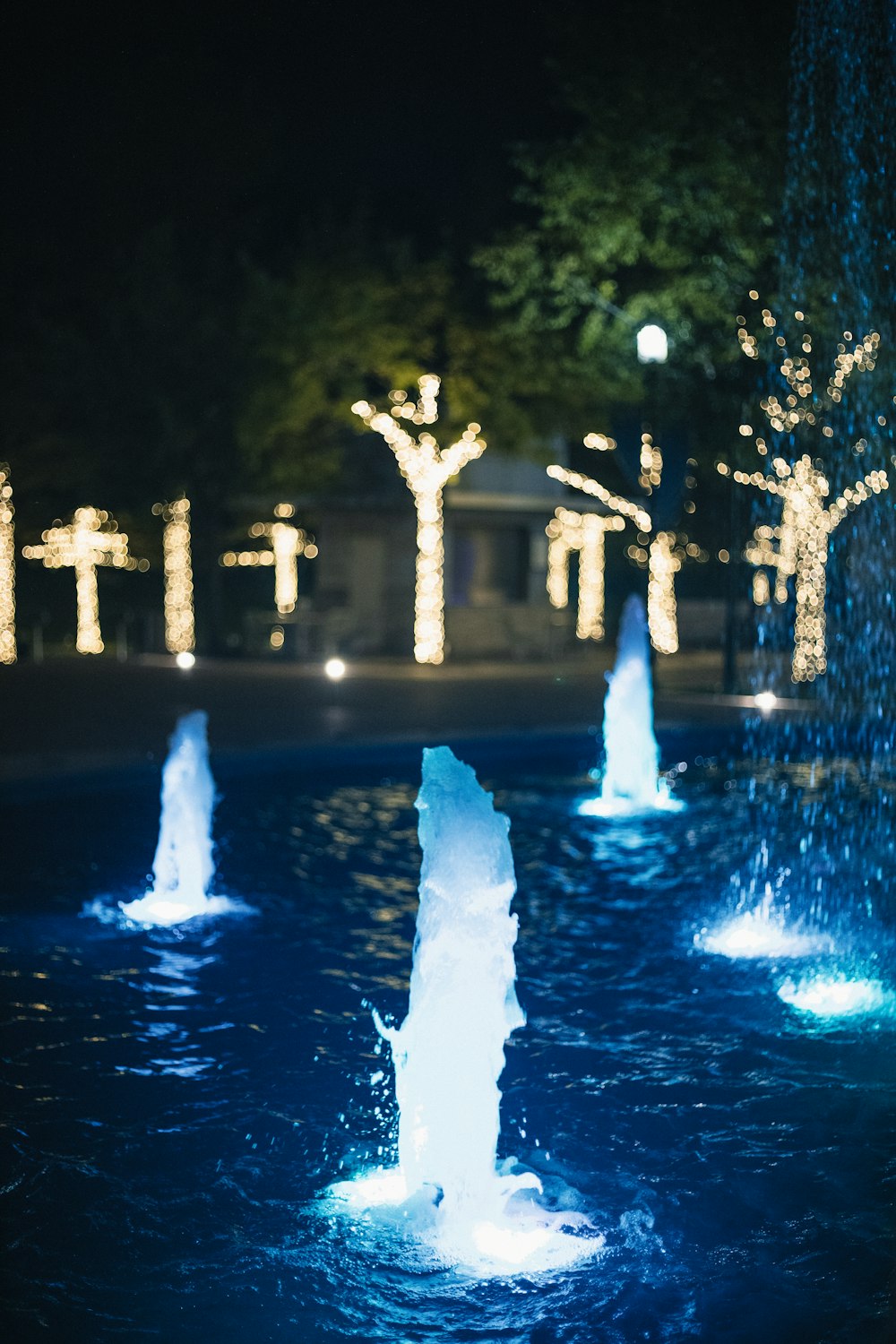 a group of water fountains in a park at night