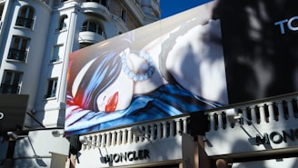 A large billboard on the side of a building features a high-fashion advertisement. The image on the billboard shows a person blindfolded with a silky fabric, wearing large earrings and bright red lipstick. The building in the background has an ornate architectural style with several windows.