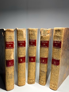 Five antique hardcover books with ornate golden spines are lined up side by side. The spines are adorned with red labels displaying the text 'Théâtre de Racine' and numbered from 1 to 5. The books show signs of wear, with some fraying and fading, indicating age and use.