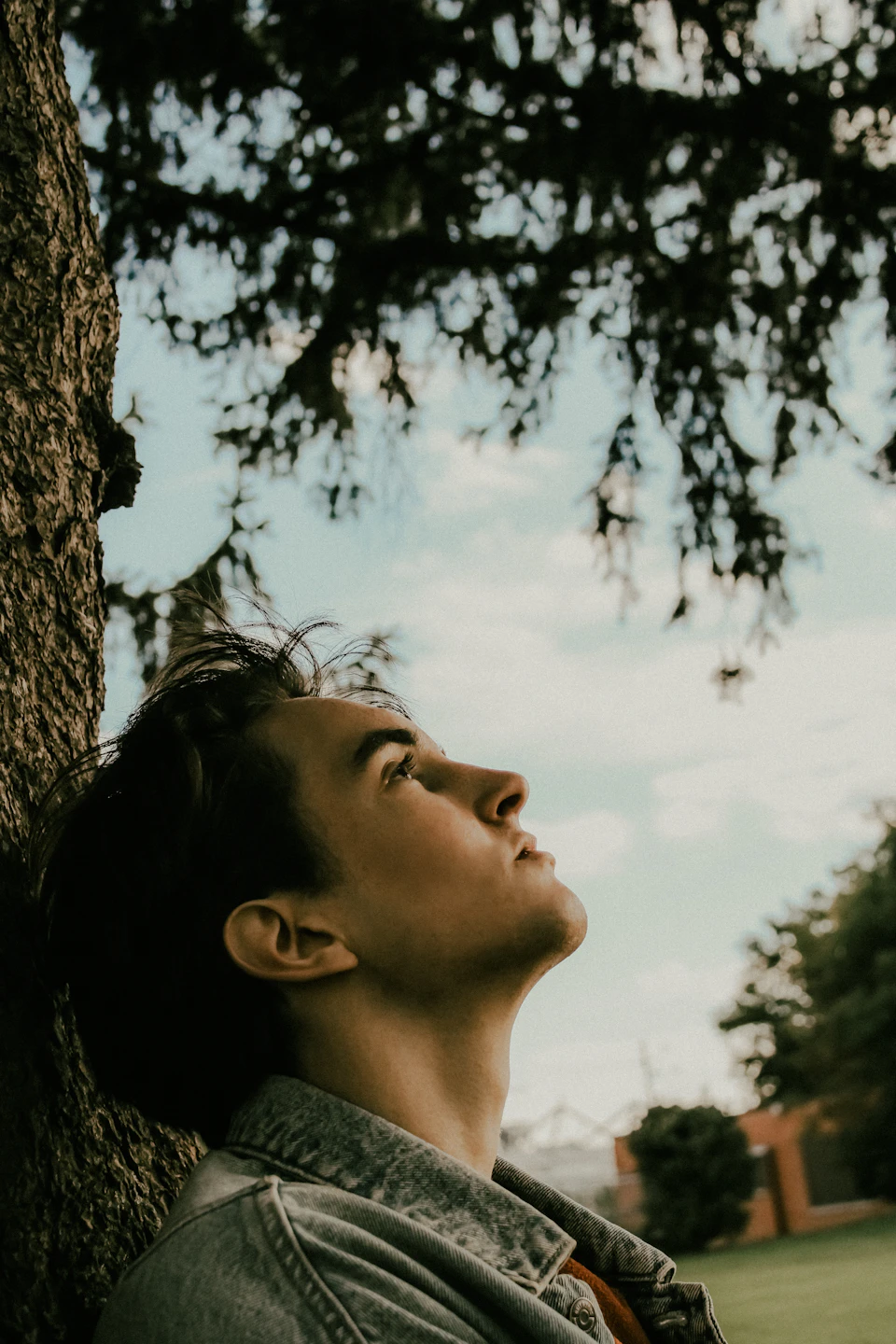 Young man leans against tree trunk, tilting head upwards to gaze at the sky