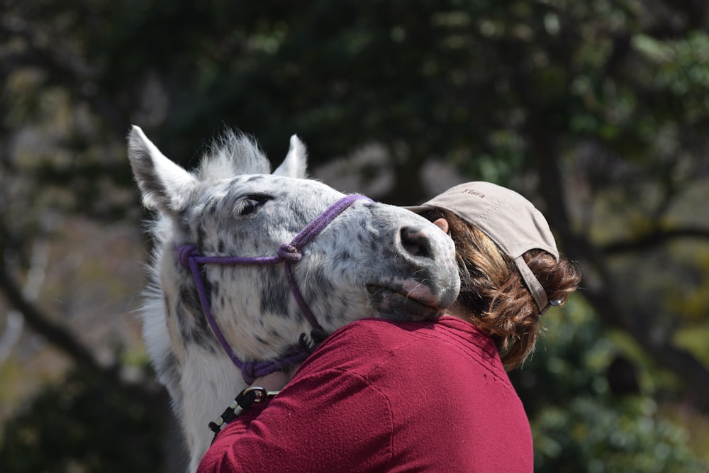 a woman is petting a horse with a hat on