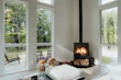 Interior view of a bright bungalow living room with natural wood finishes