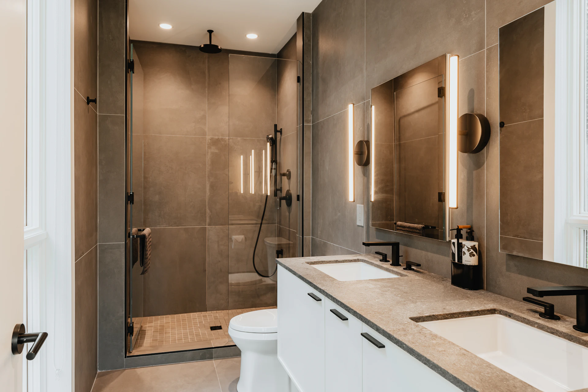 Minimalist master ensuite designed by BK11 in Ockham, Surrey