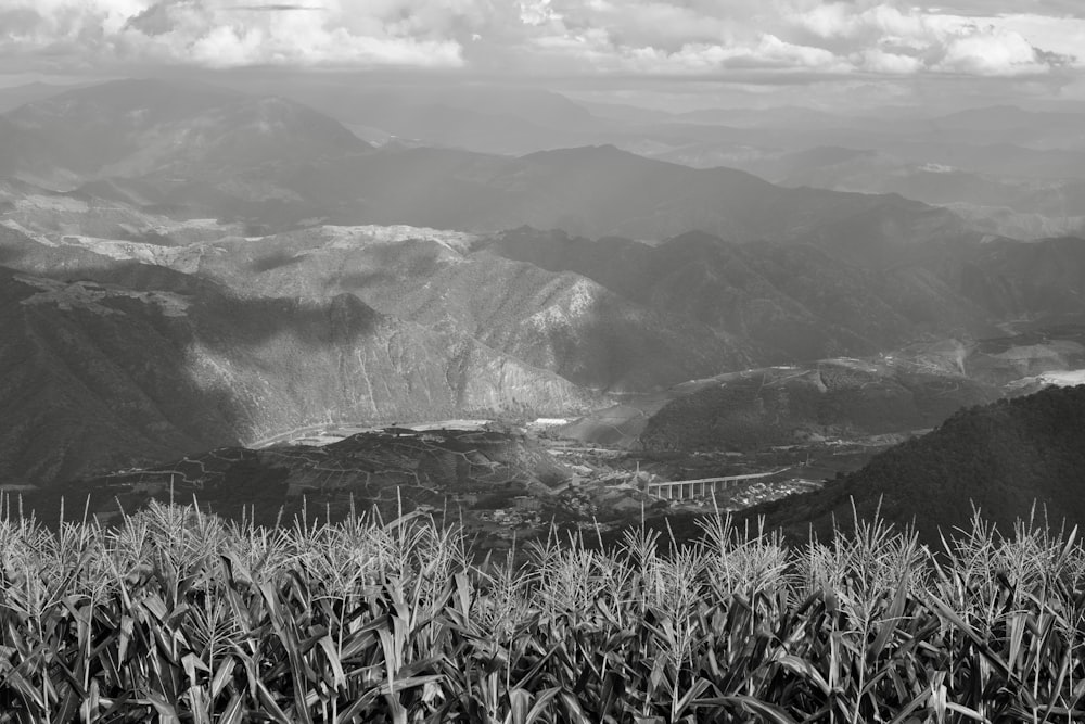 a black and white photo of a mountain range