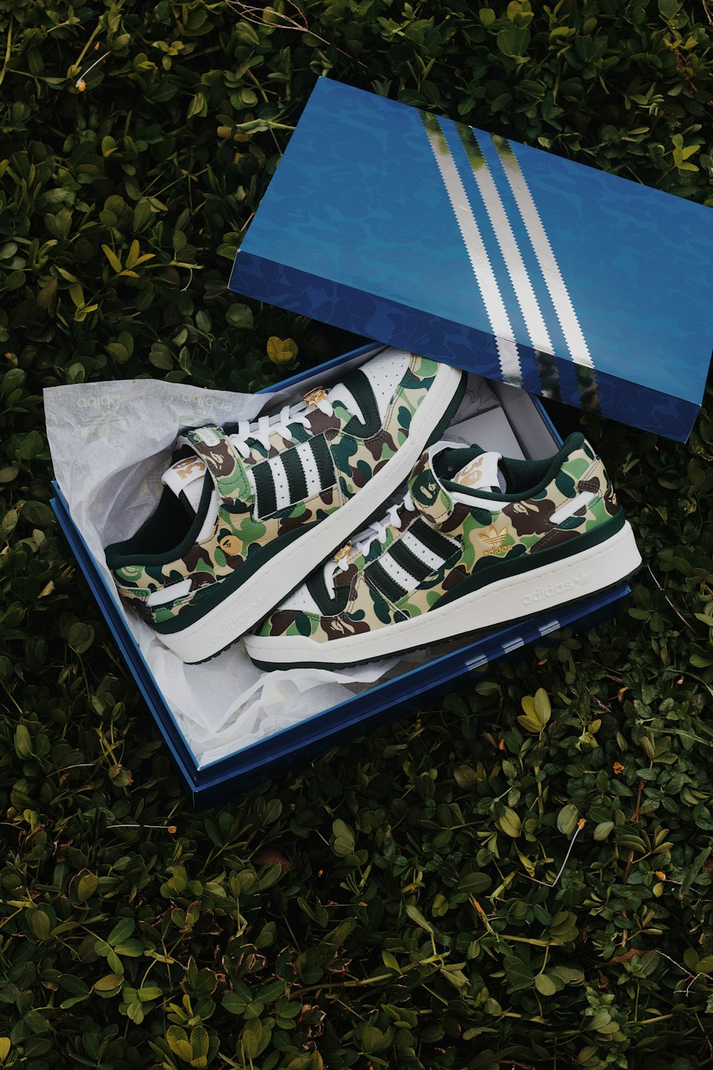 a pair of camouflage sneakers in a blue box