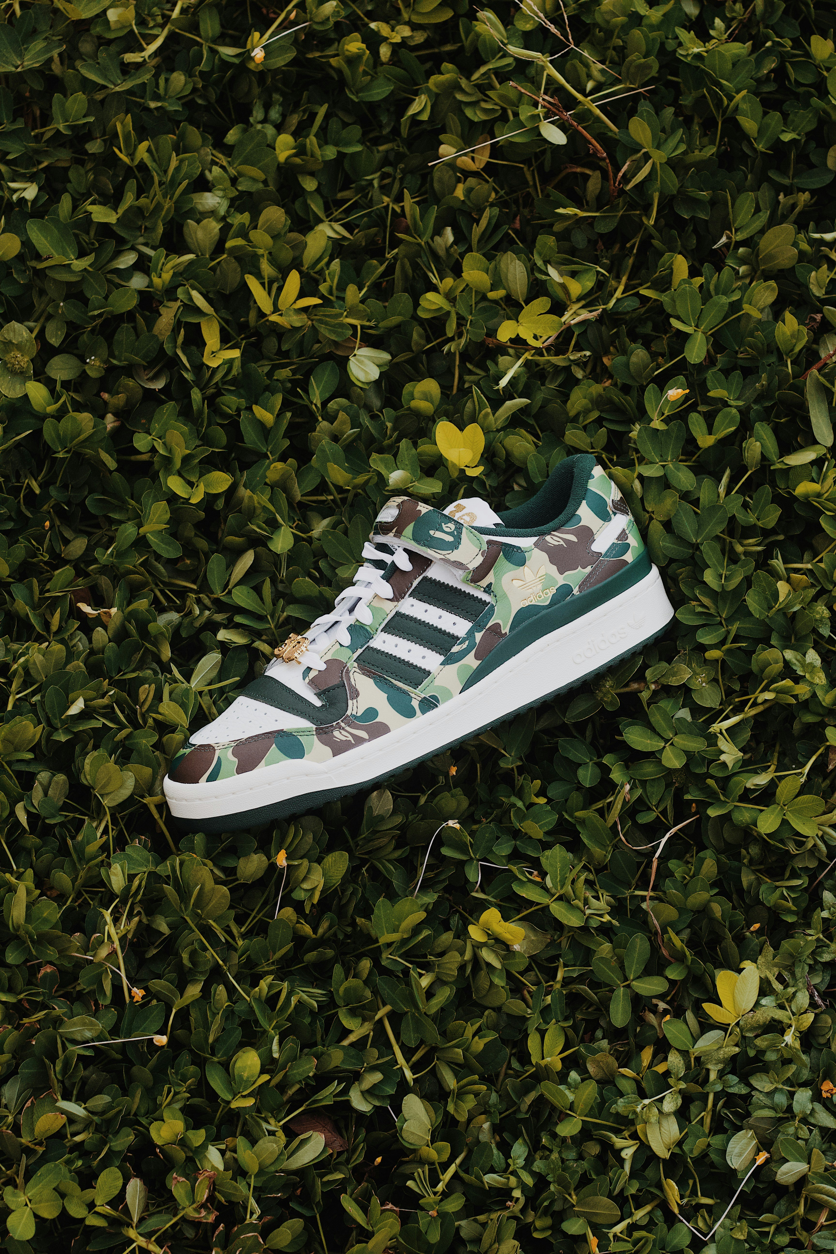 a pair of white and green sneakers laying on top of a green bush
