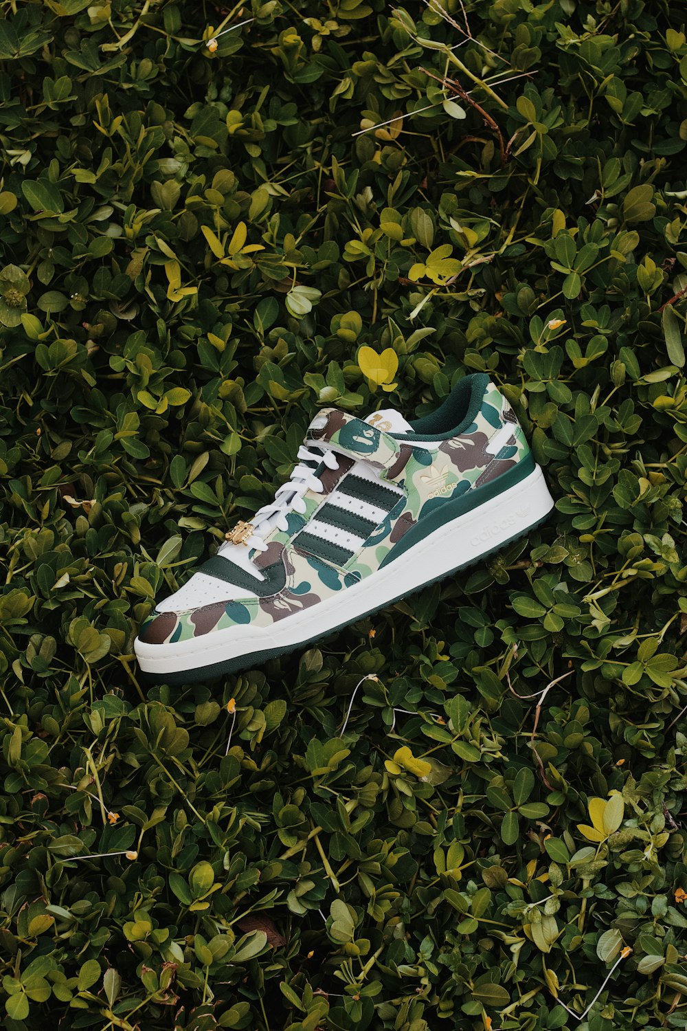 a pair of white and green sneakers laying on top of a green bush