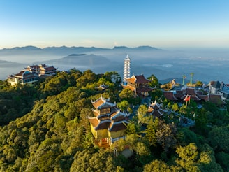 an aerial view of a village on a mountain