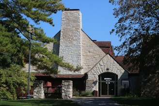 A stone building with a high chimney and the word 'MUSEUM' above the entrance. Surrounding the structure are green trees and a clear blue sky. A vintage-style lamp post and bushes are visible in the foreground.