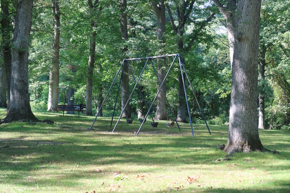 a swing set in a park surrounded by trees