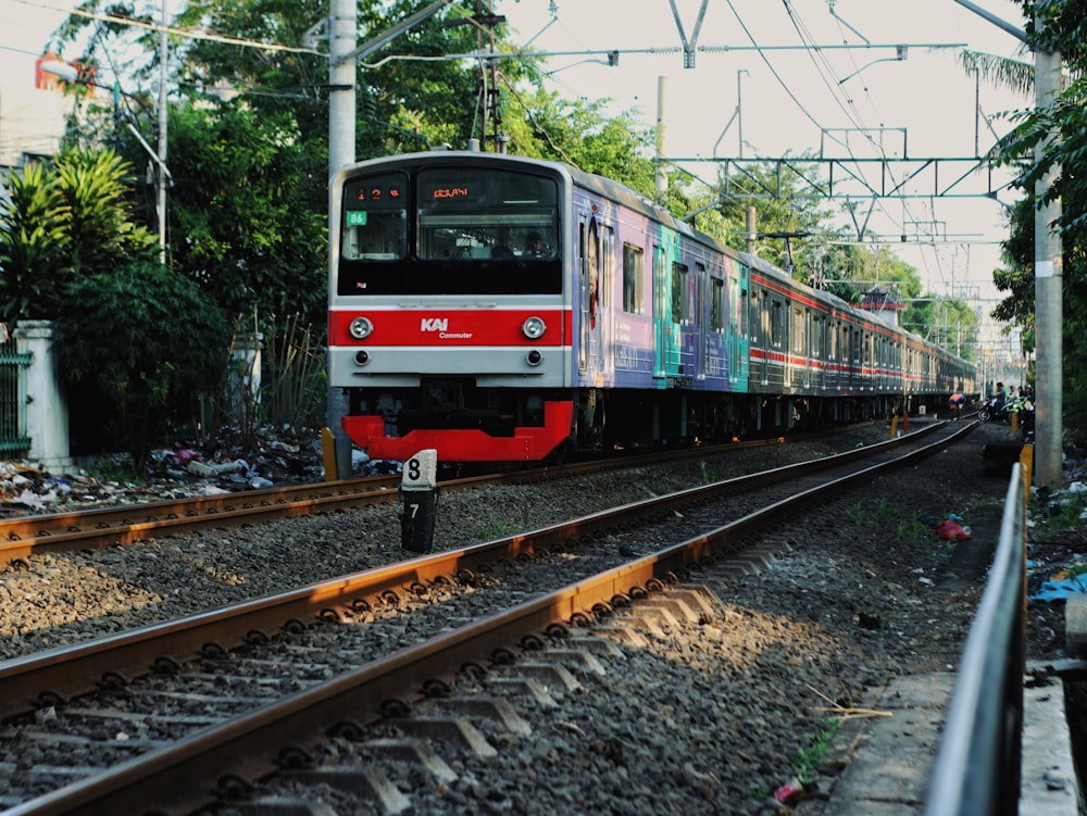 a train traveling down train tracks next to a forest