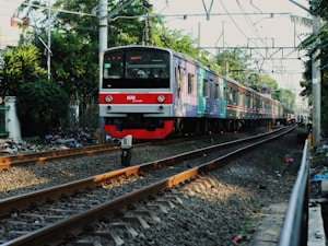 A commuter train travels along a railway track surrounded by lush greenery and urban structures. The train is seen moving towards the viewer, with multiple carriages painted in different colors. Overhead power lines are visible against the sky, and there is some litter and debris near the tracks.