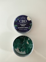 A tin of CBD gummies labeled 'Blueberry Dream' with an open lid revealing square-shaped green gummies inside. The label indicates it contains 25mg of CBD and is THC free. The tin has a dark blue label with images of blueberries and leaves.