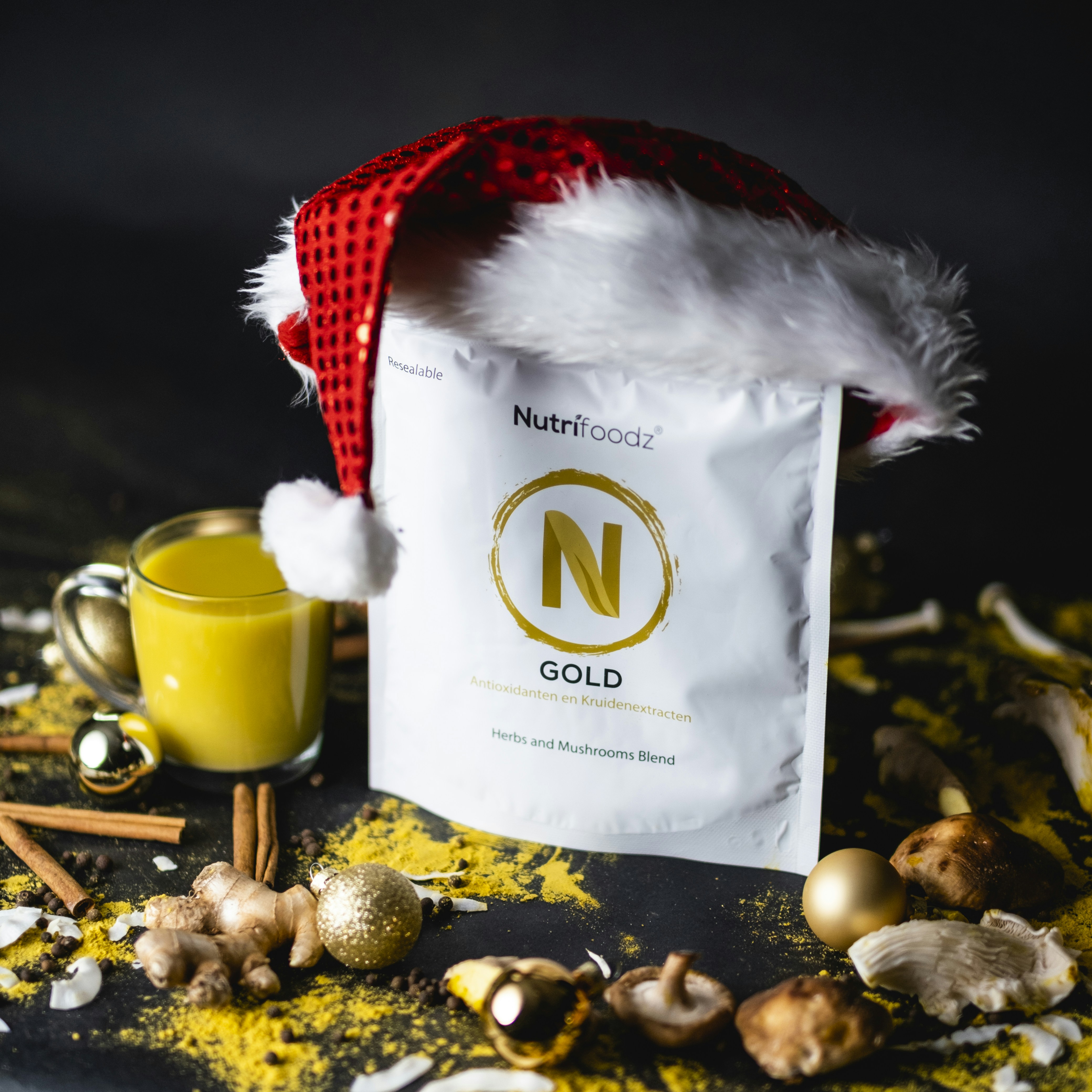 a bag of nutritious gold next to a cup of coffee