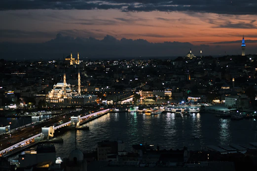 A sleek Istanbul skyline at dusk with modern high-rises and the Bosphorus Bridge glowing softly.