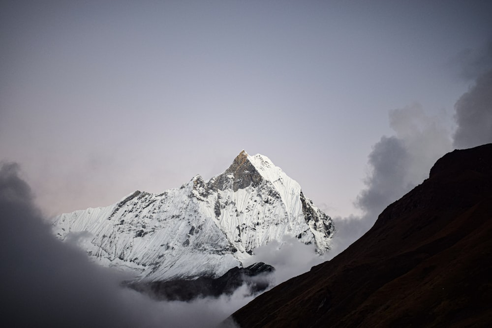 a snow covered mountain in the middle of a cloudy sky