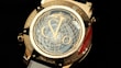 A luxury watch features intricate detailing with a prominent globe design on its face. The numerals and watch hands are elegantly integrated, surrounded by a metallic gold casing. There are engraved words and numbers on the case, and the visible strap is white.