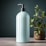 A sleek, light blue pump bottle stands prominently on a wooden surface. Beside it, a potted plant with lush green leaves provides a natural contrast. The background is a muted teal, enhancing the calm and clean aesthetic.