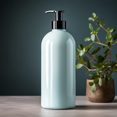 A sleek bottle of eco-friendly cleaning spray resting on a light wooden countertop with soft natural light.