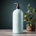 A sleek, light blue pump bottle stands prominently on a wooden surface. Beside it, a potted plant with lush green leaves provides a natural contrast. The background is a muted teal, enhancing the calm and clean aesthetic.