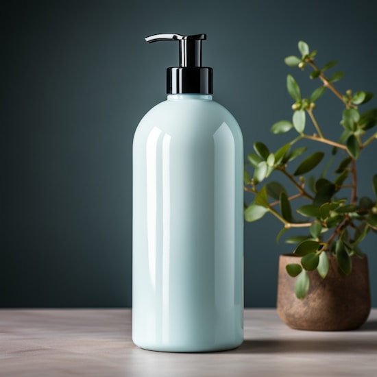 A sleek, light blue pump bottle stands prominently on a wooden surface. Beside it, a potted plant with lush green leaves provides a natural contrast. The background is a muted teal, enhancing the calm and clean aesthetic.