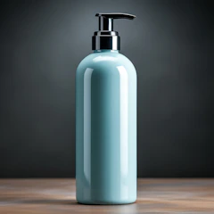 Close-up of a sleek bottle of anti-hair loss shampoo on a dark wooden surface