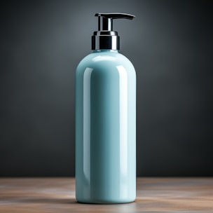 A sleek bottle of liquid soap with droplets of water on its surface, set against a soft pastel background.
