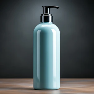 A sleek bottle of serum glowing softly against a light blue gradient background.