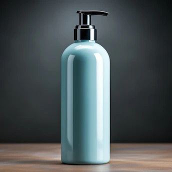 Close-up of a sleek bottle of anti-hair loss shampoo on a dark wooden surface