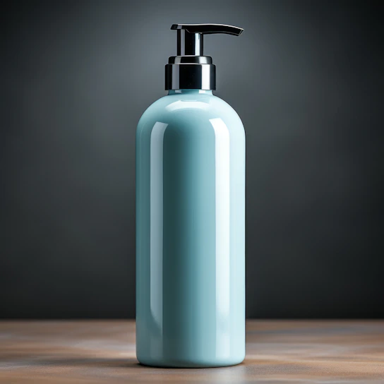 A sleek glass bottle of Glovince serum with soft reflections on a beige background.