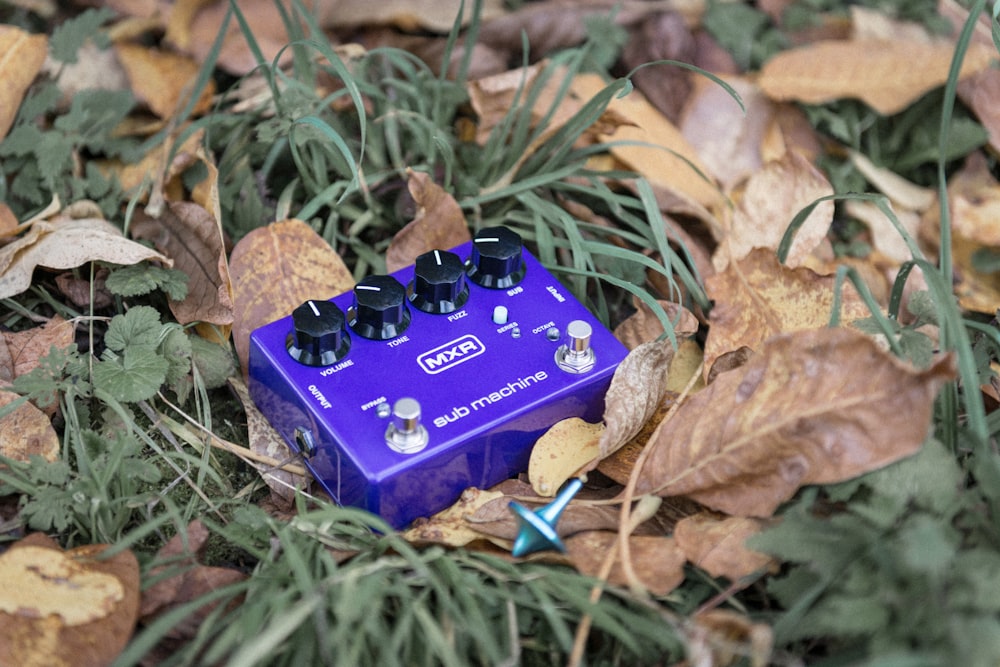 a purple guitar pedal sitting on top of leaves