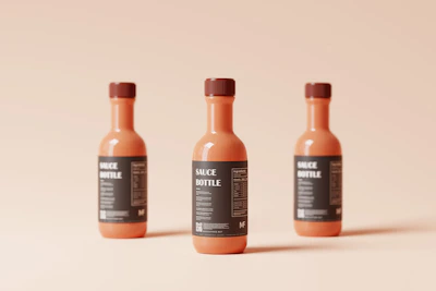 Bottles of traditional peanut sauce arranged neatly on a wooden table.