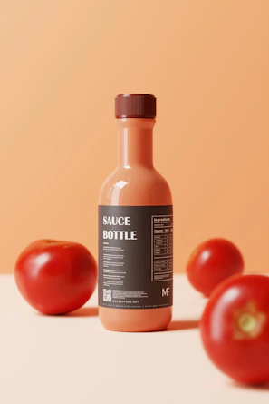 a bottle of sauce next to three tomatoes