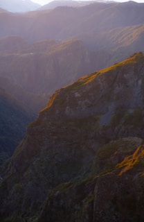 A rugged mountain trail at dawn with soft golden light illuminating the landscape.