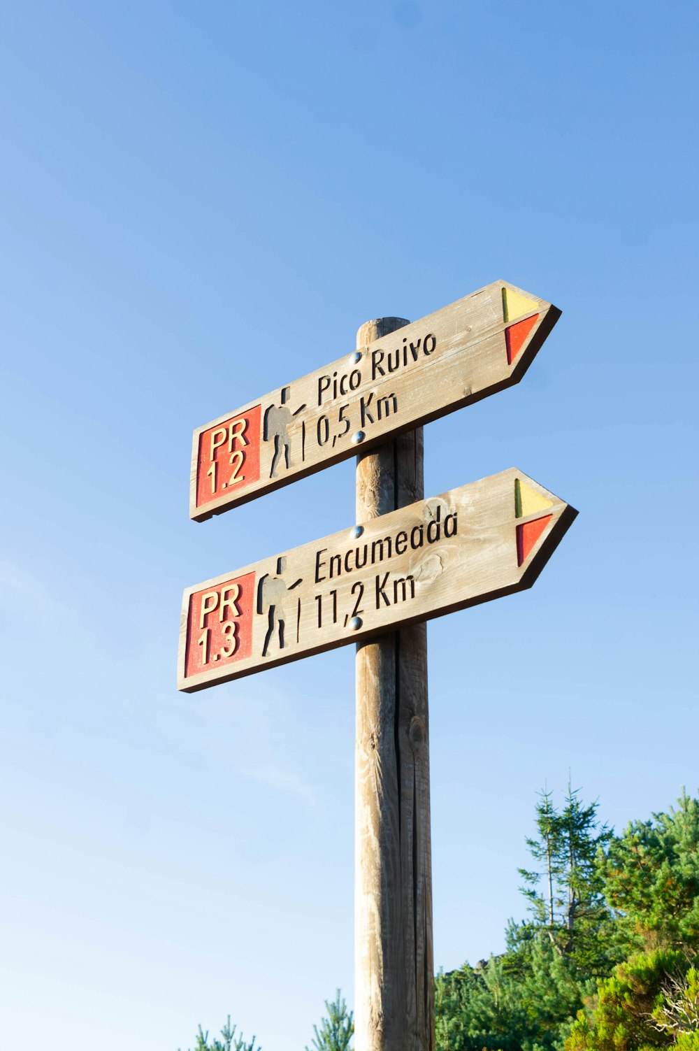 a wooden pole with three signs pointing in different directions