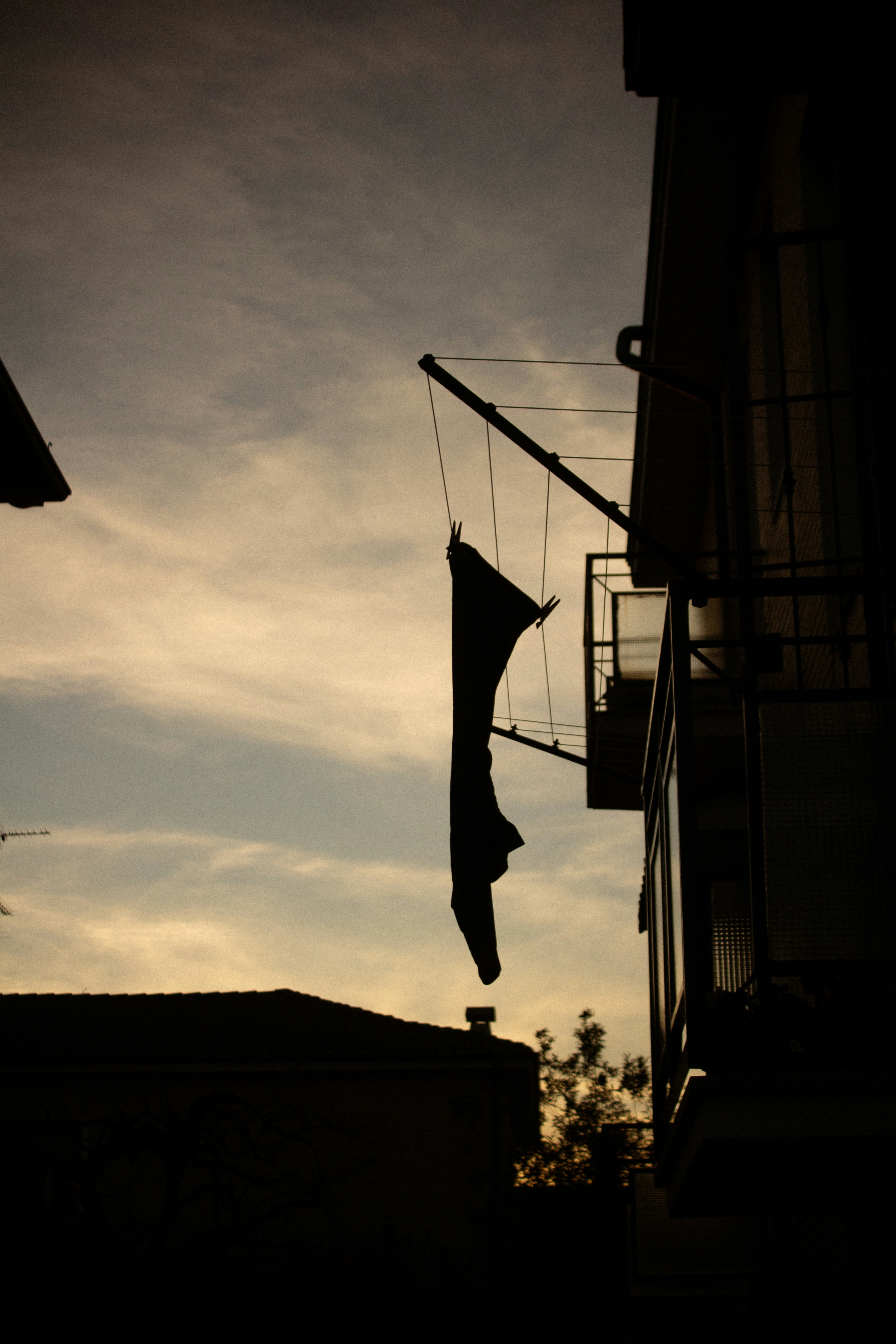 a black and white photo of a building and a flag