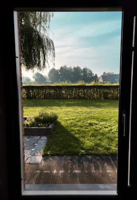 Wide view of a lush green yard with neatly trimmed hedges.