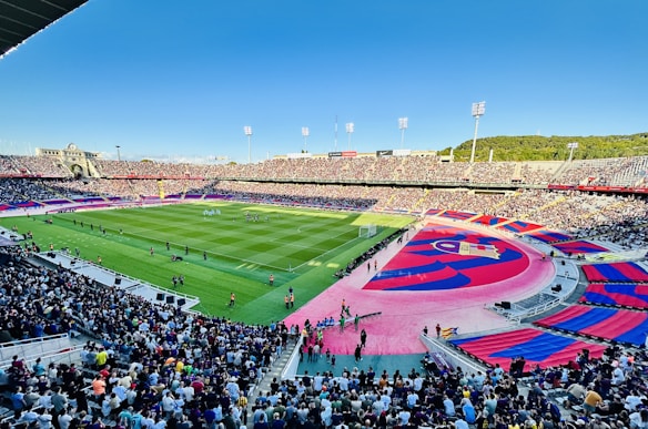 A large outdoor soccer stadium filled with spectators. The field is green and well-maintained, with players visible at the center. Surrounding the field are stands packed with people, some of whom are wearing colorful clothing. The stadium features vibrant and prominent red, blue, and maroon banners, with a crest visible on one of them. The sky is clear, indicating a sunny day. Floodlights and a backdrop of trees are visible.