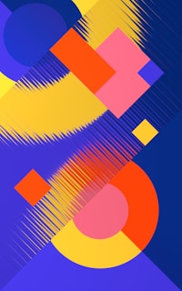 A vibrant, colorful graphic design piece with bold shapes and dynamic composition