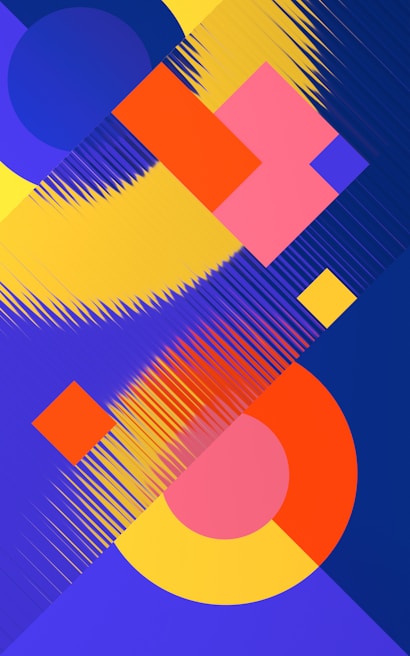 A vibrant graphic design piece featuring colorful abstract shapes and dynamic composition.