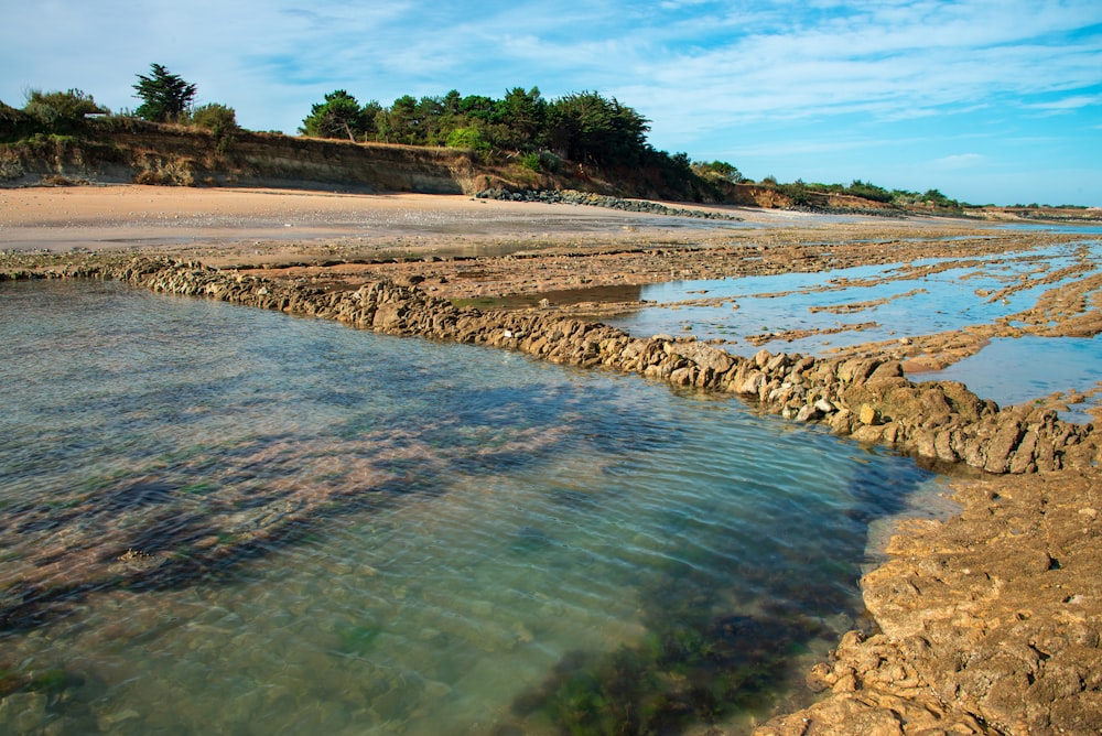 a body of water sitting next to a sandy beach