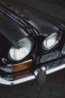 a close up of a car headlight on a car