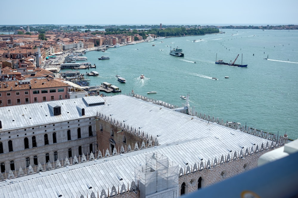 a view of a large body of water with boats in it