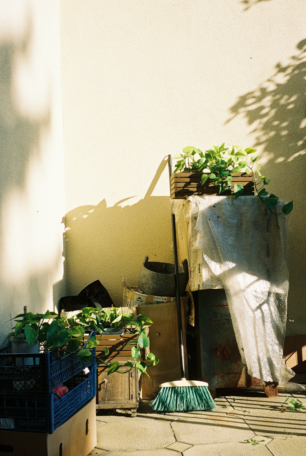 a pile of junk sitting next to a building