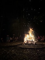 A nighttime scene depicting a large bonfire surrounded by a group of people seated around it. The flames are bright and dynamic, casting light on the faces of the observers. The background is dark, with trees faintly visible, adding to the atmosphere of an outdoor gathering.